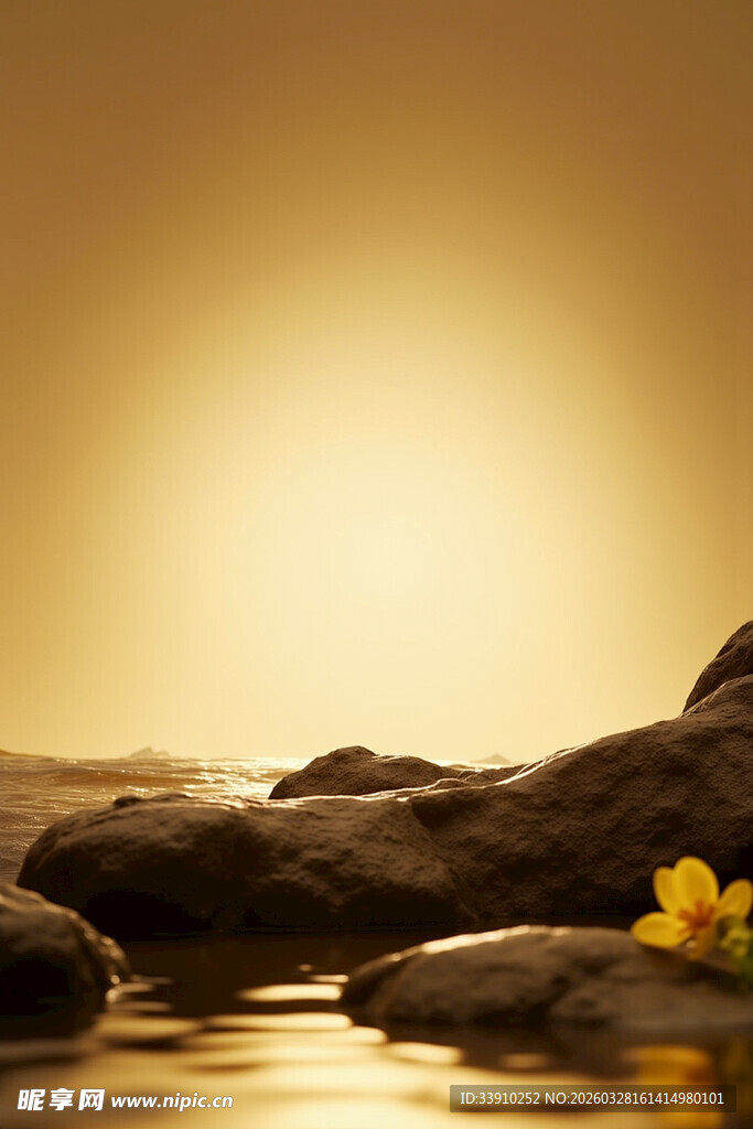 夕阳下的水边岩石与花朵