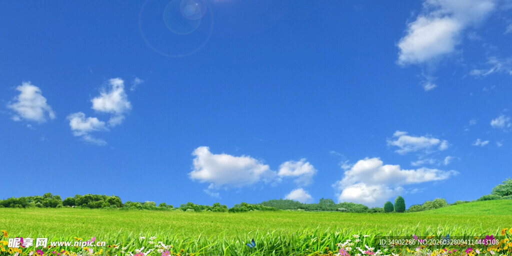 蓝天白云绿草地背景
