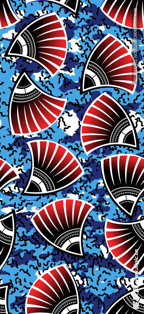 蓝底红黑图案几何花纹布料