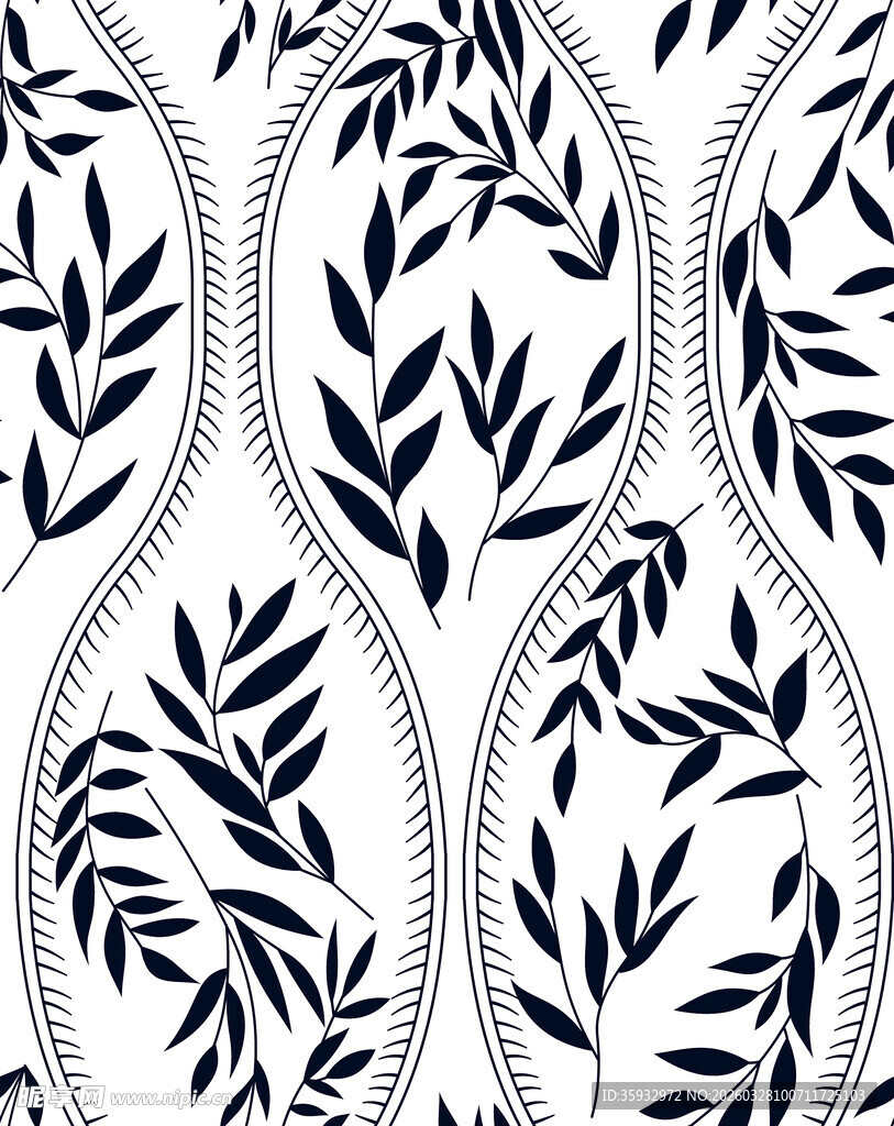 蓝白枝叶波浪纹图案