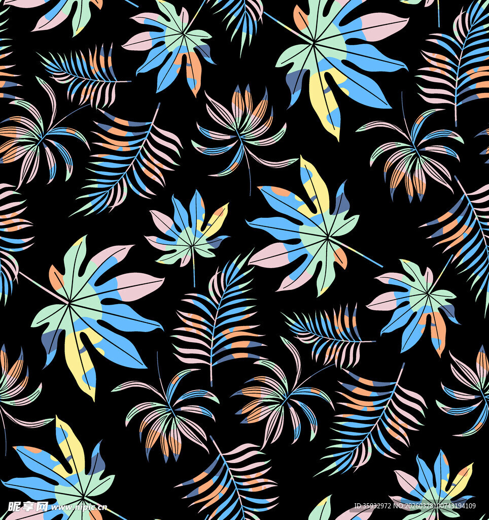 热带花卉树叶黑色背景图案