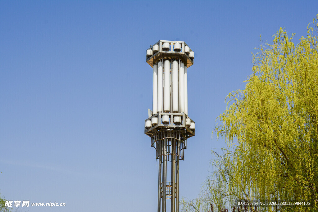 高耸灯柱旁的葱郁柳树