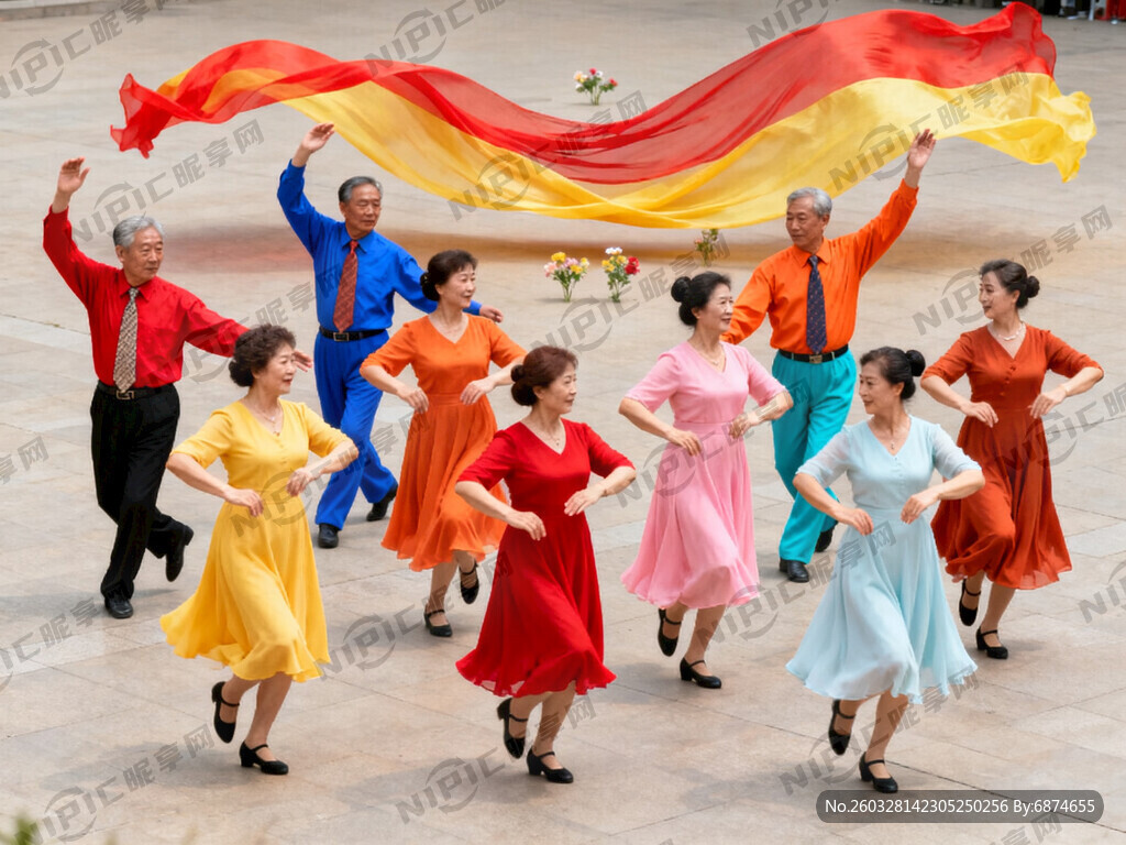 中老年人9人跳舞 其中男人3名