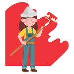 女工人持工具专注粉刷墙面