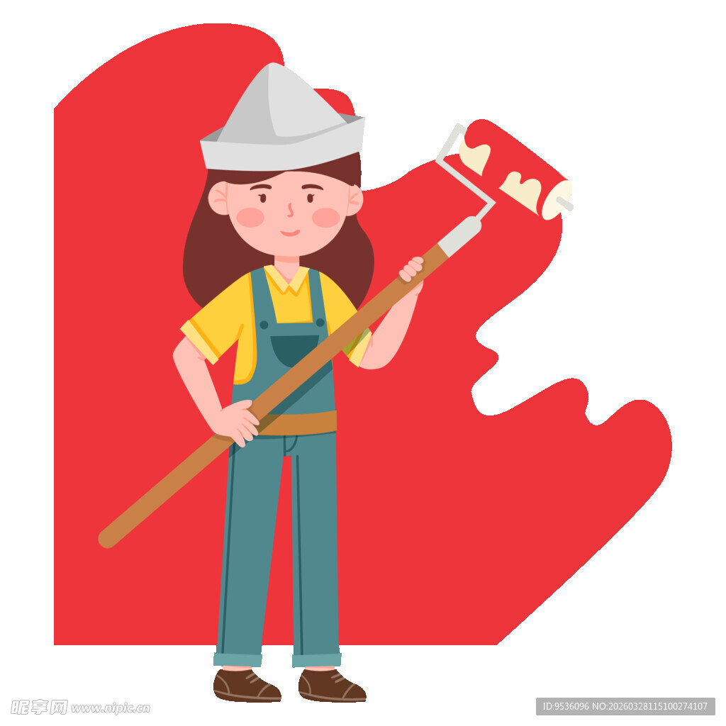 女工人持工具专注粉刷墙面