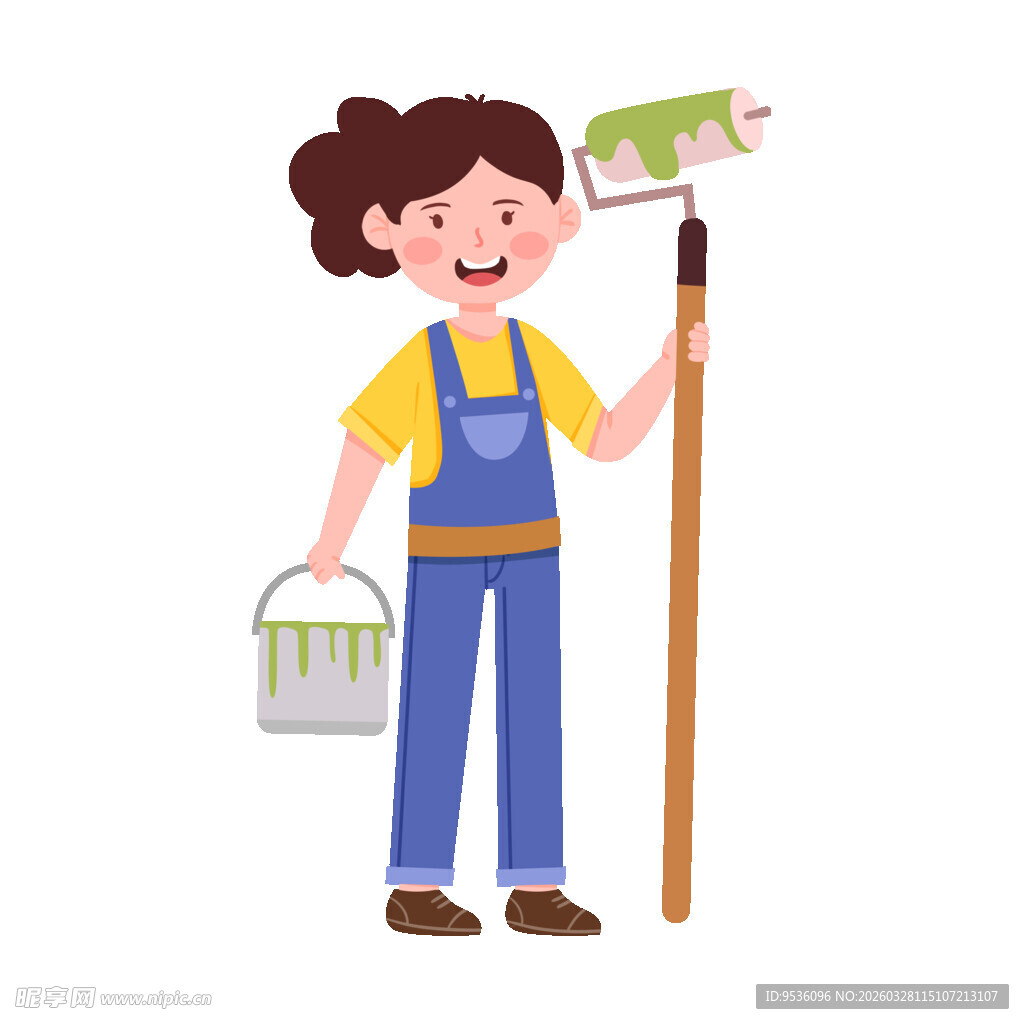 手持滚筒刷的粉刷女工