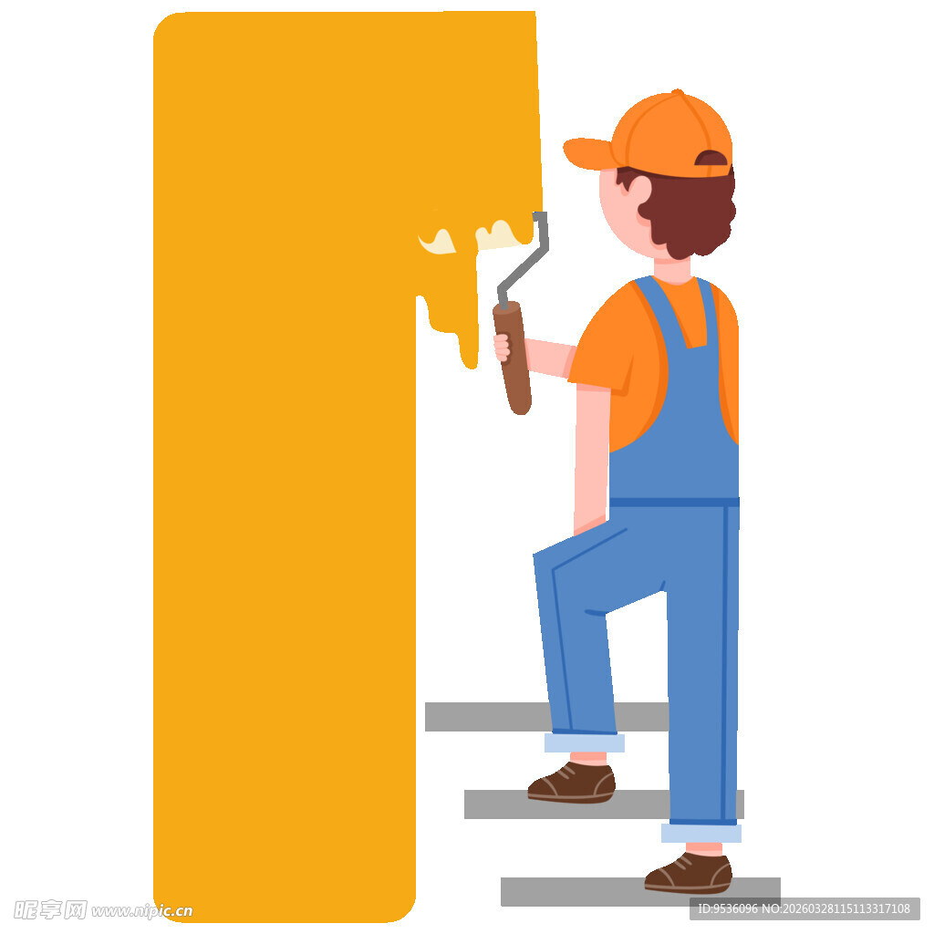 工人用滚筒刷墙场景