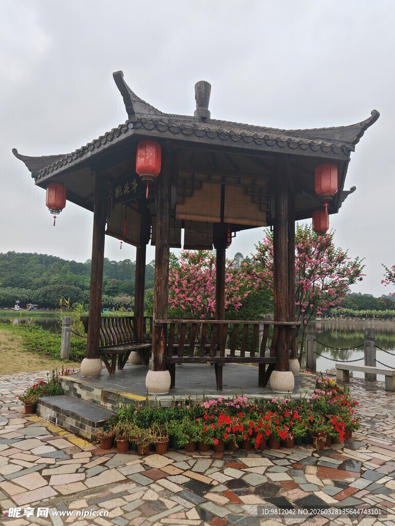 湖畔古亭 红灯装点景致