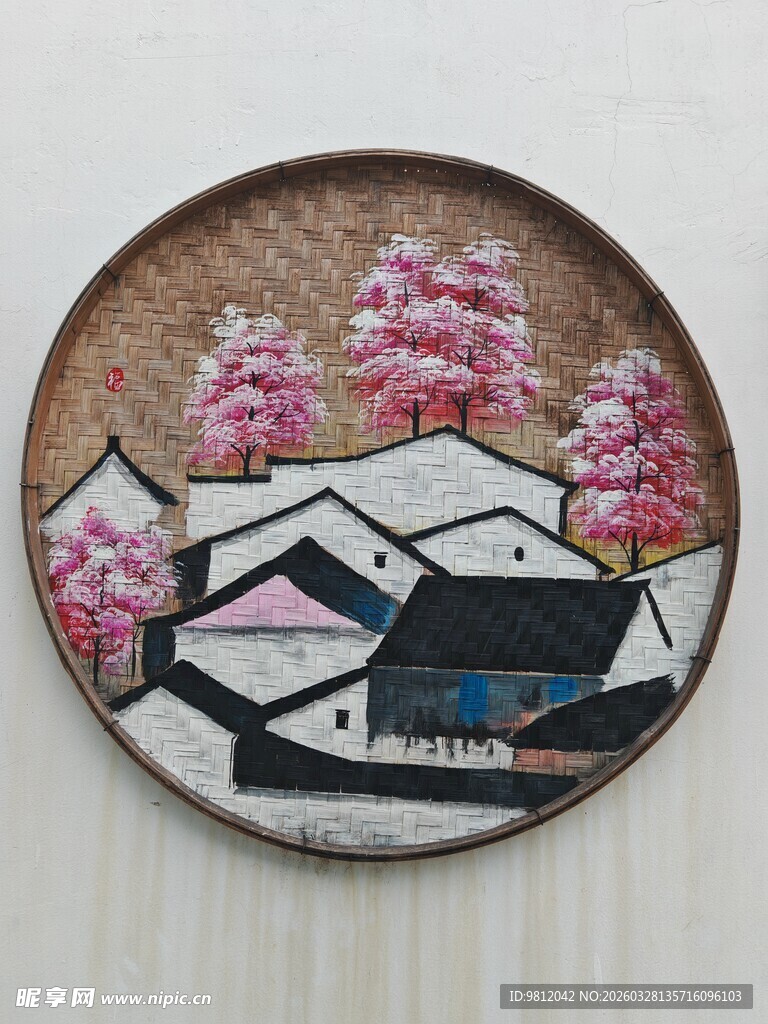 日式樱花村落风景图 手绘画 