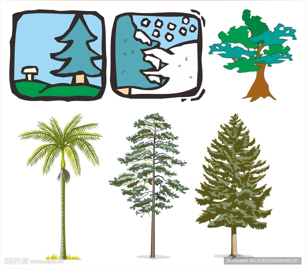 多样树木插画展示