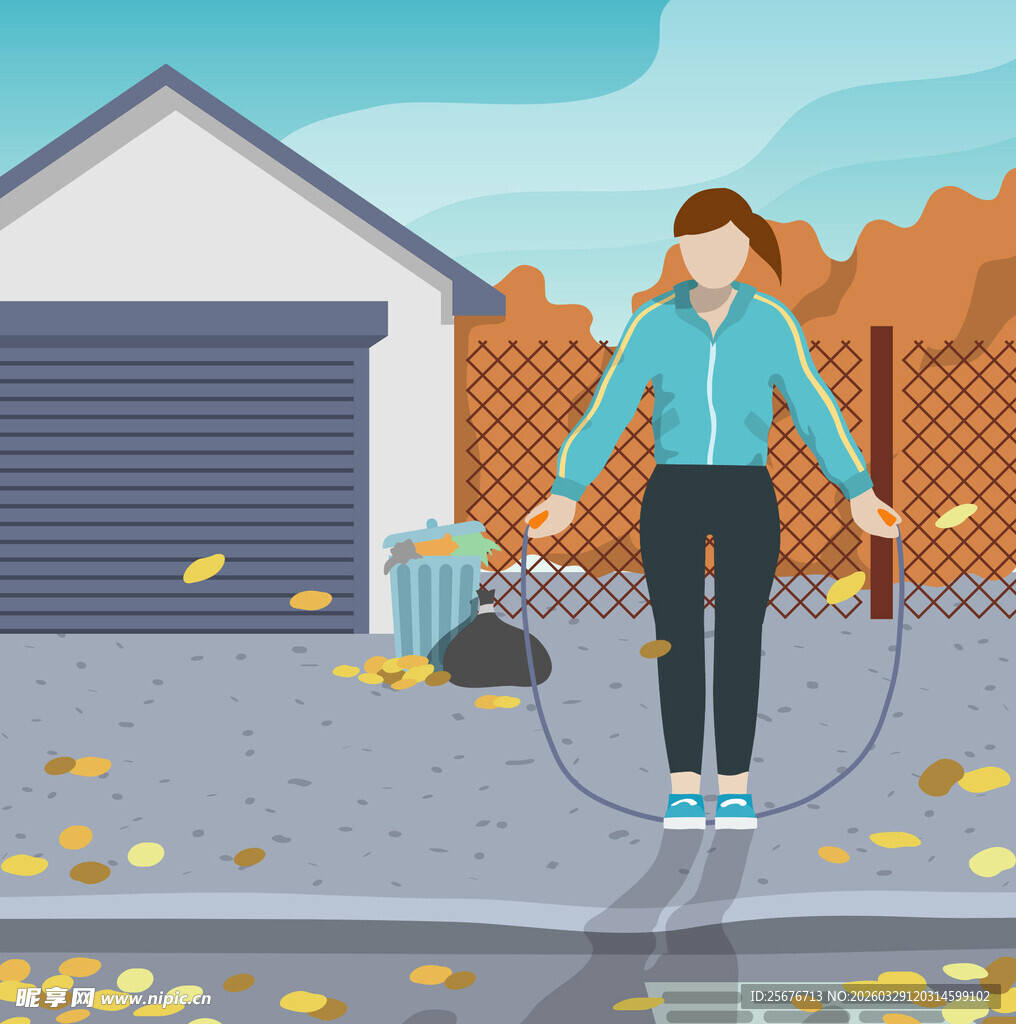 秋日户外女子跳绳场景