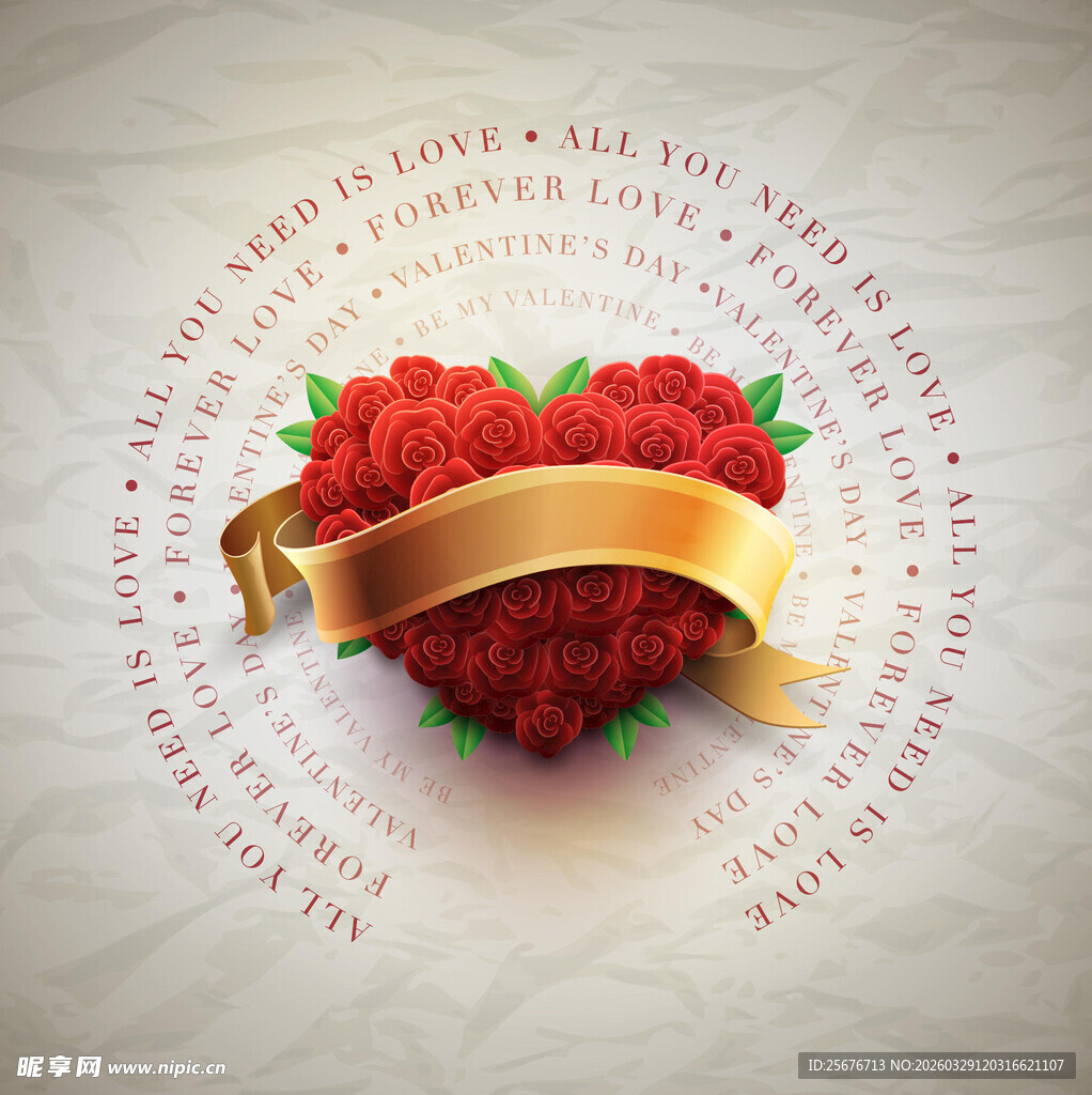 心形红玫瑰配金色丝带