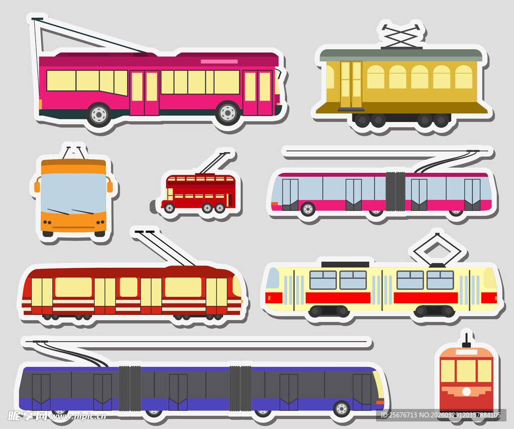 多彩有轨电车矢量插画