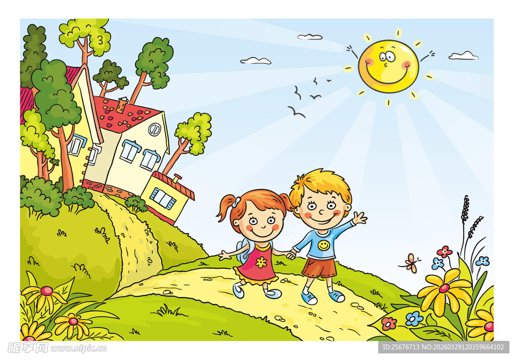 儿童在乡村小道快乐漫步