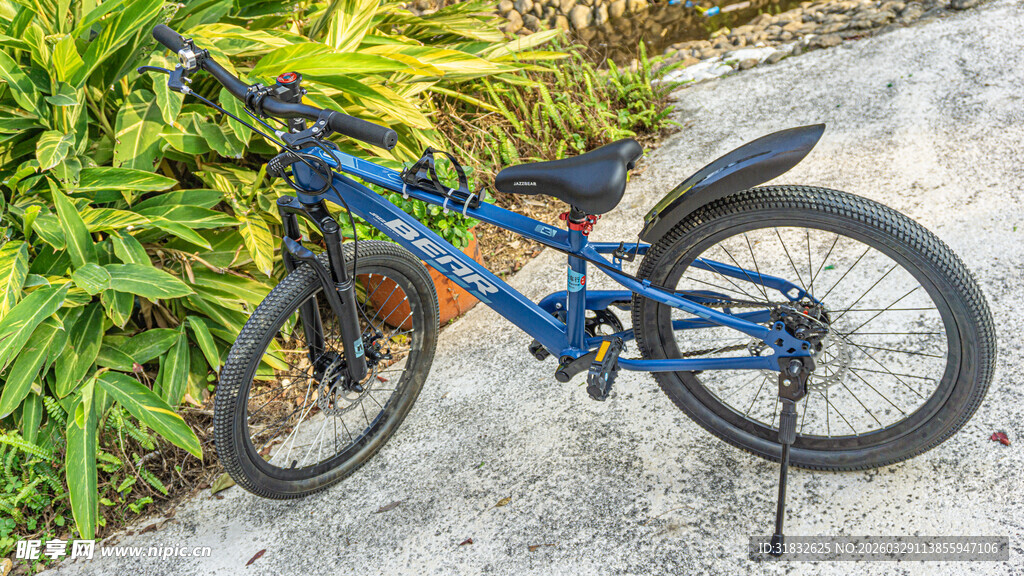 蓝色山地自行车停靠绿植旁