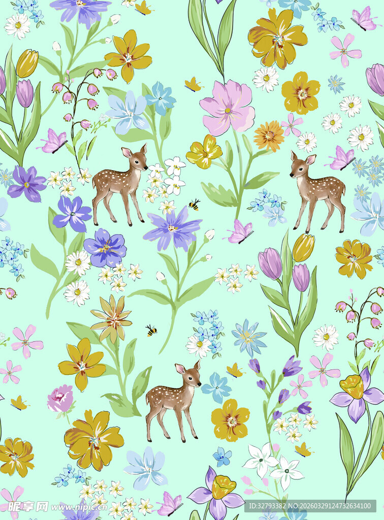 小鹿花卉清新图案背景