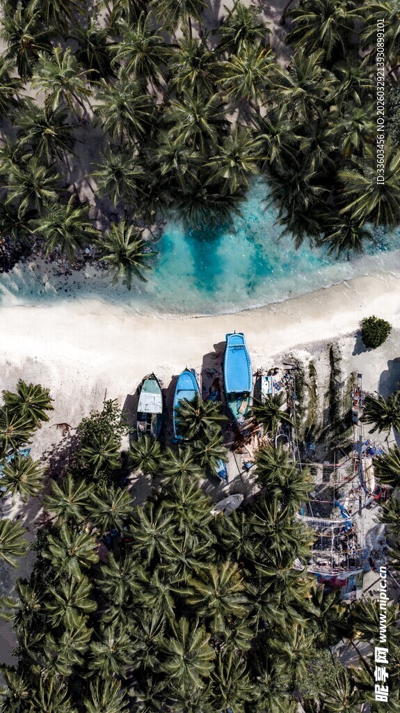 俯瞰海边蓝顶小屋与美景