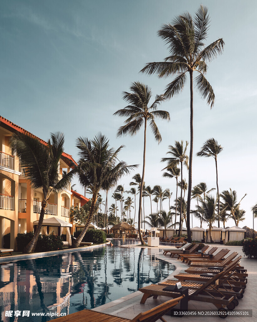 热带泳池畔的惬意度假场景