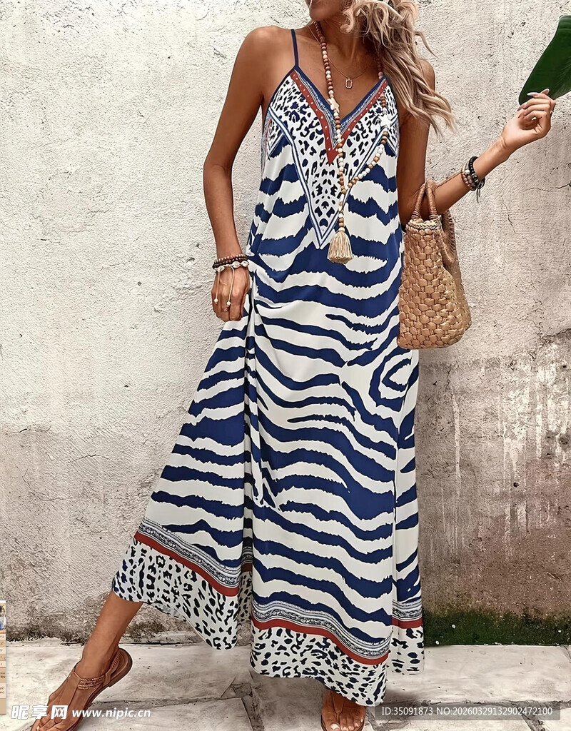 蓝白条纹无袖度假风长裙