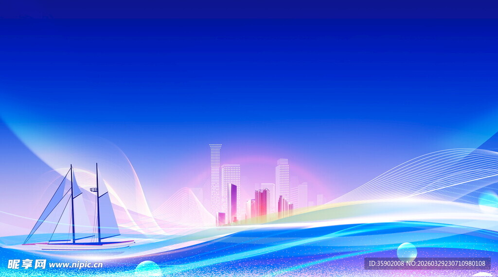 梦幻蓝色城市帆船背景图