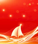 红色背景上的帆船与光效