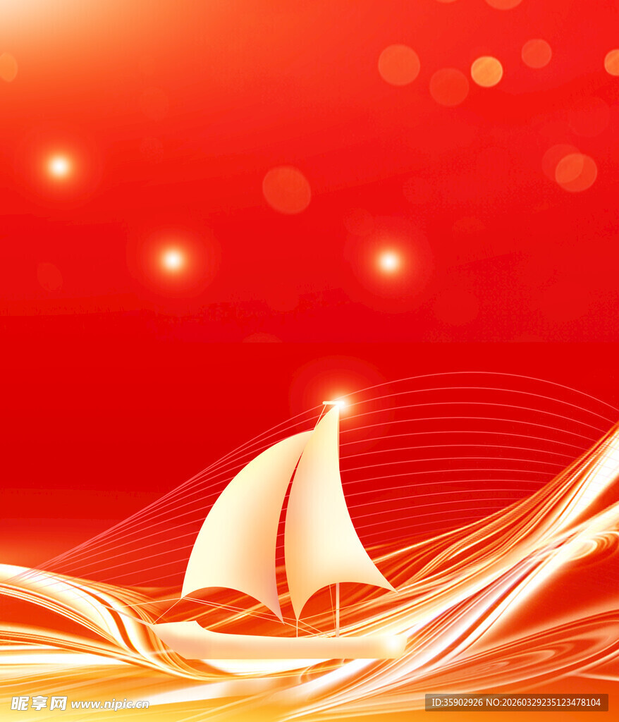 红色背景上的帆船与光效