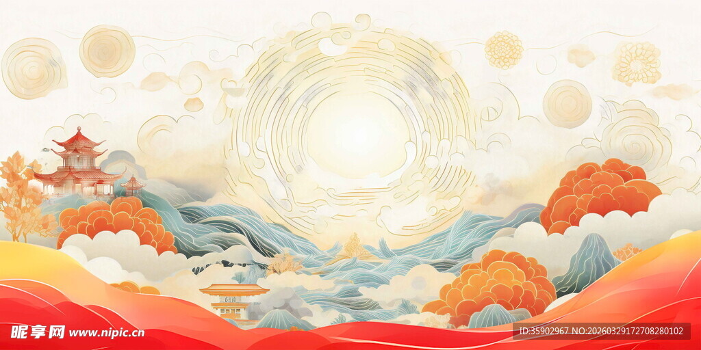 国潮风山海日出插画