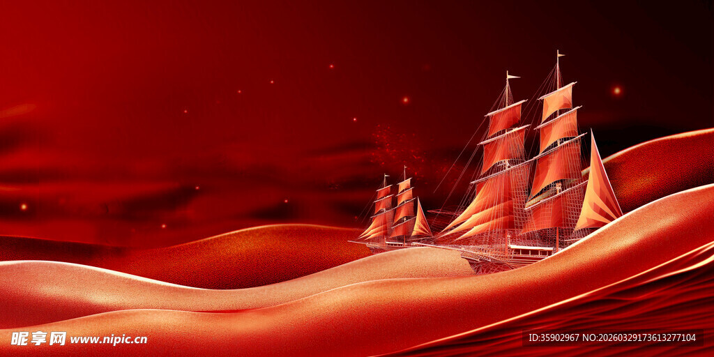 红色海洋上的奇幻帆船