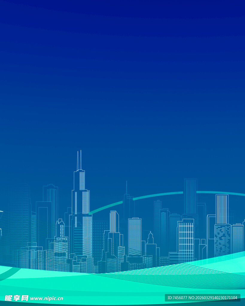 城市天际线梦幻蓝绿背景