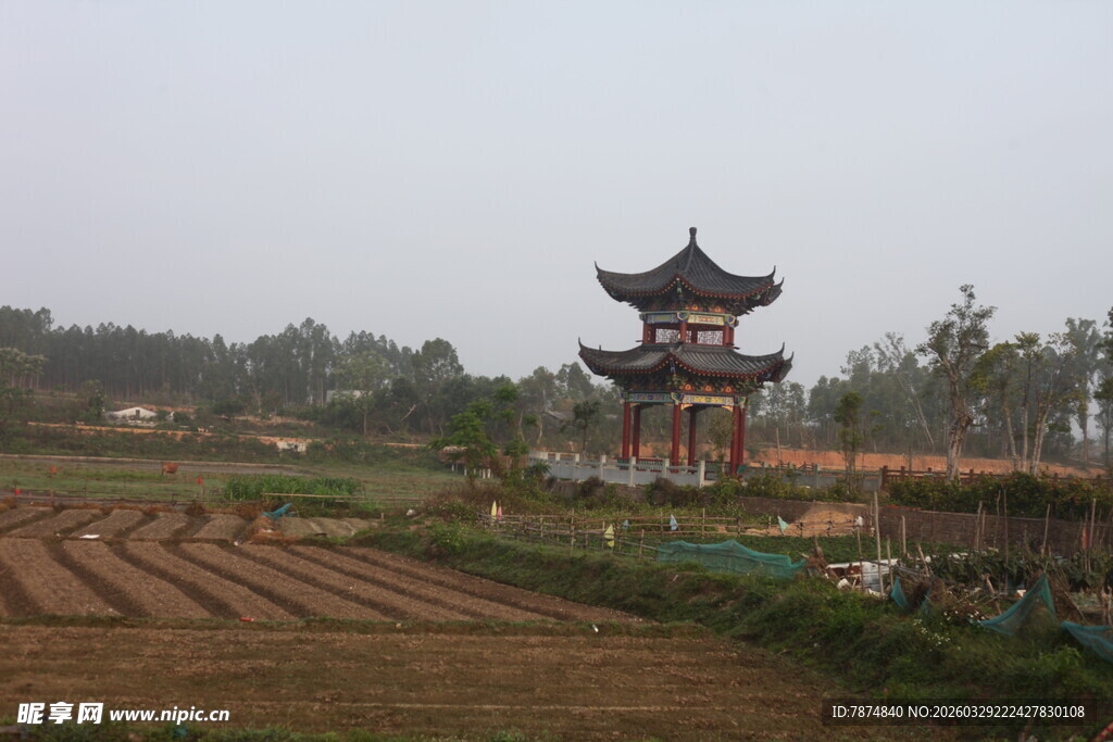 湛江田野中的古朴中式亭阁