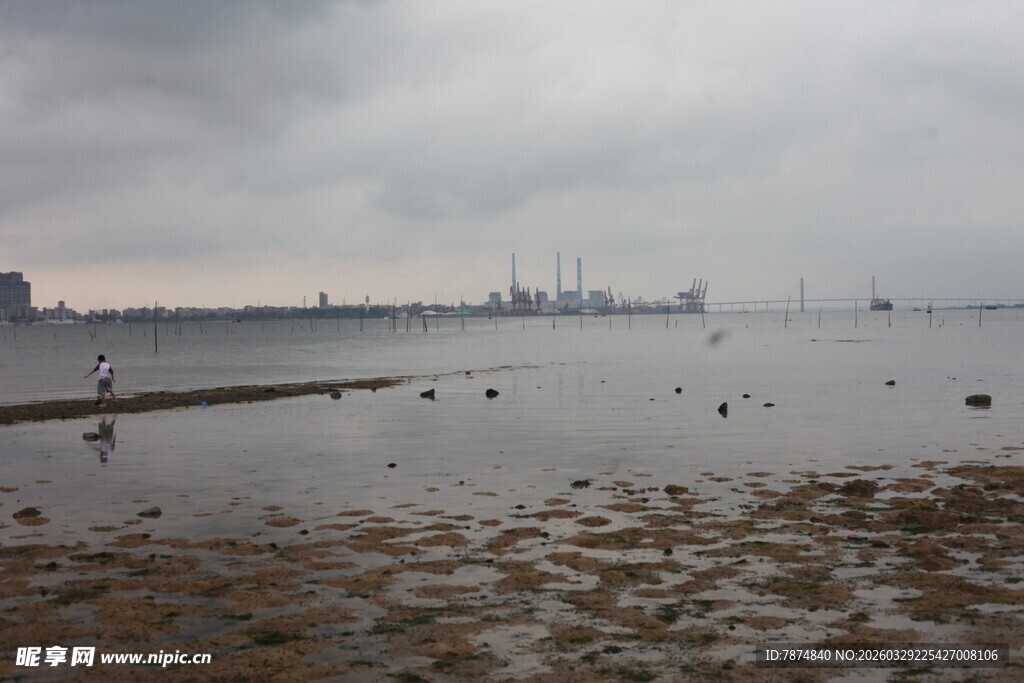 湛江阴天海边滩涂景象