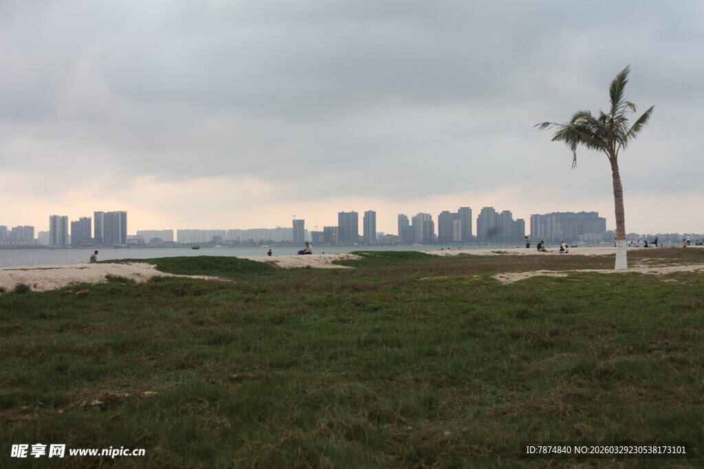 湛江海边草地与城市天际线景观