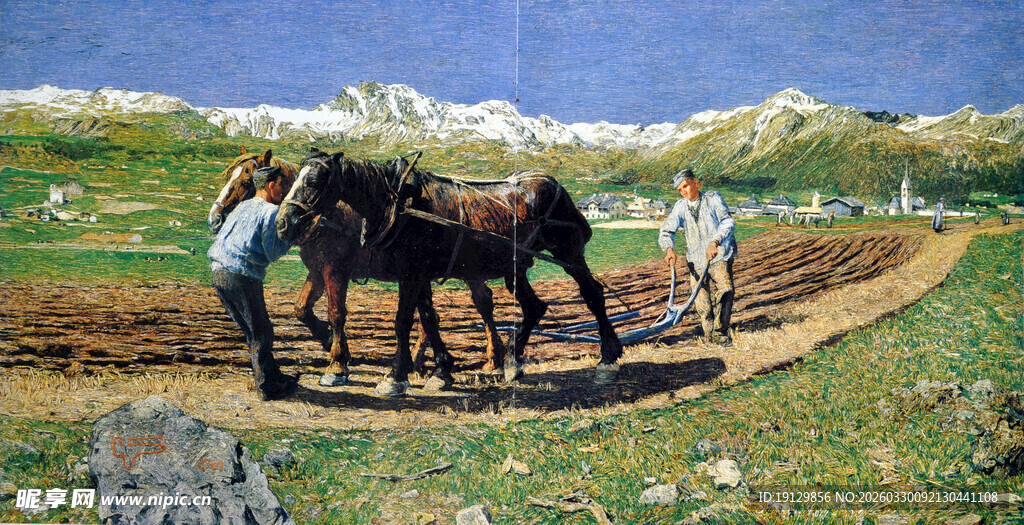 田园中人与马的劳作场景