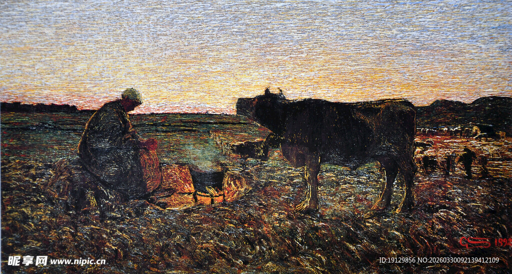 乡村黄昏的农耕场景