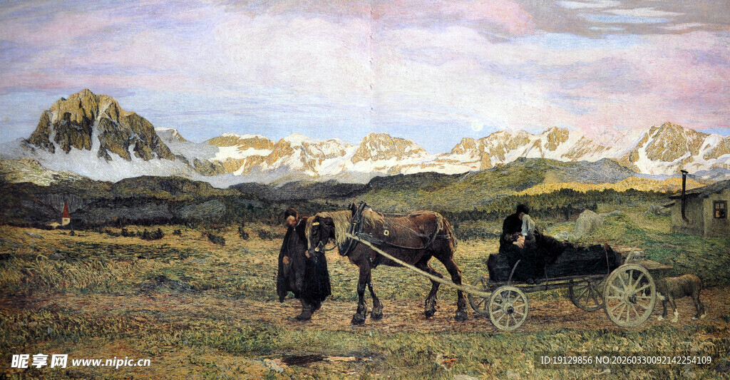 草原上的马匹与远山风景