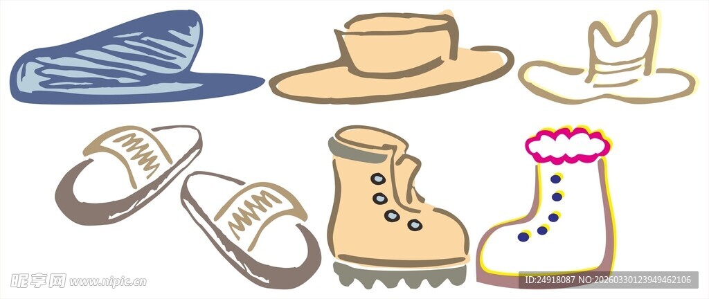 多样鞋履与帽子插画