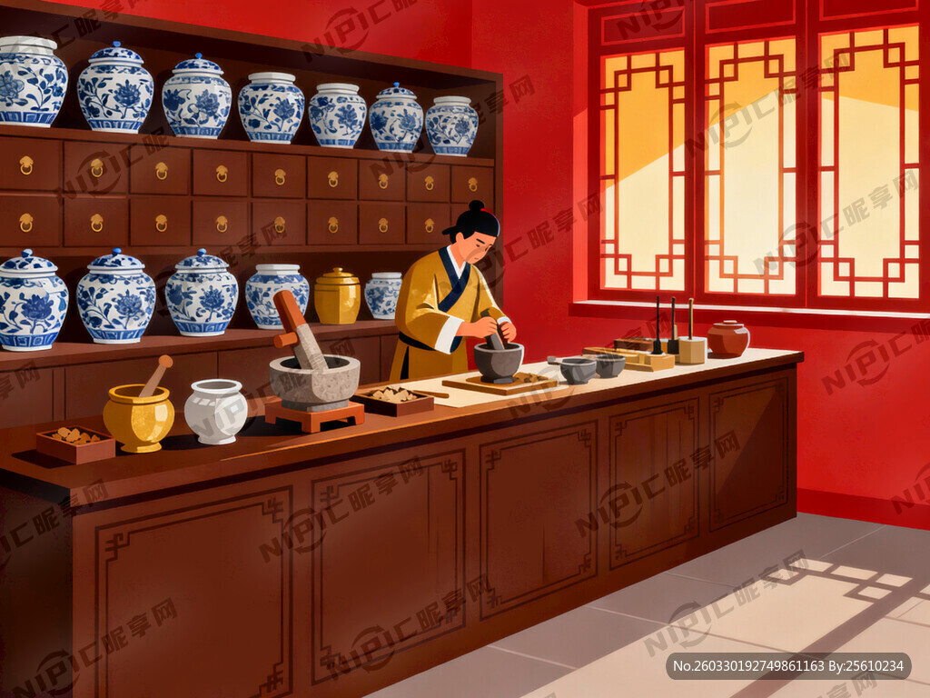 清代中药炮制作坊室内背景图
