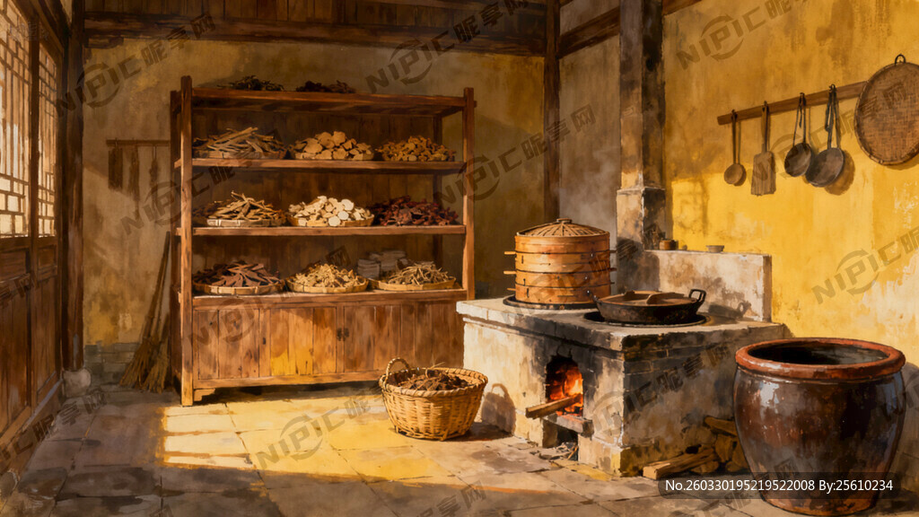 清代作坊室内背景图 有药材