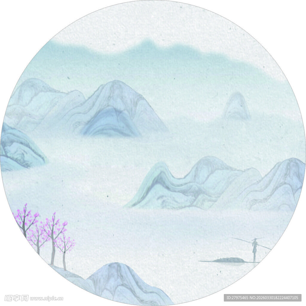水墨山水圆形意境图