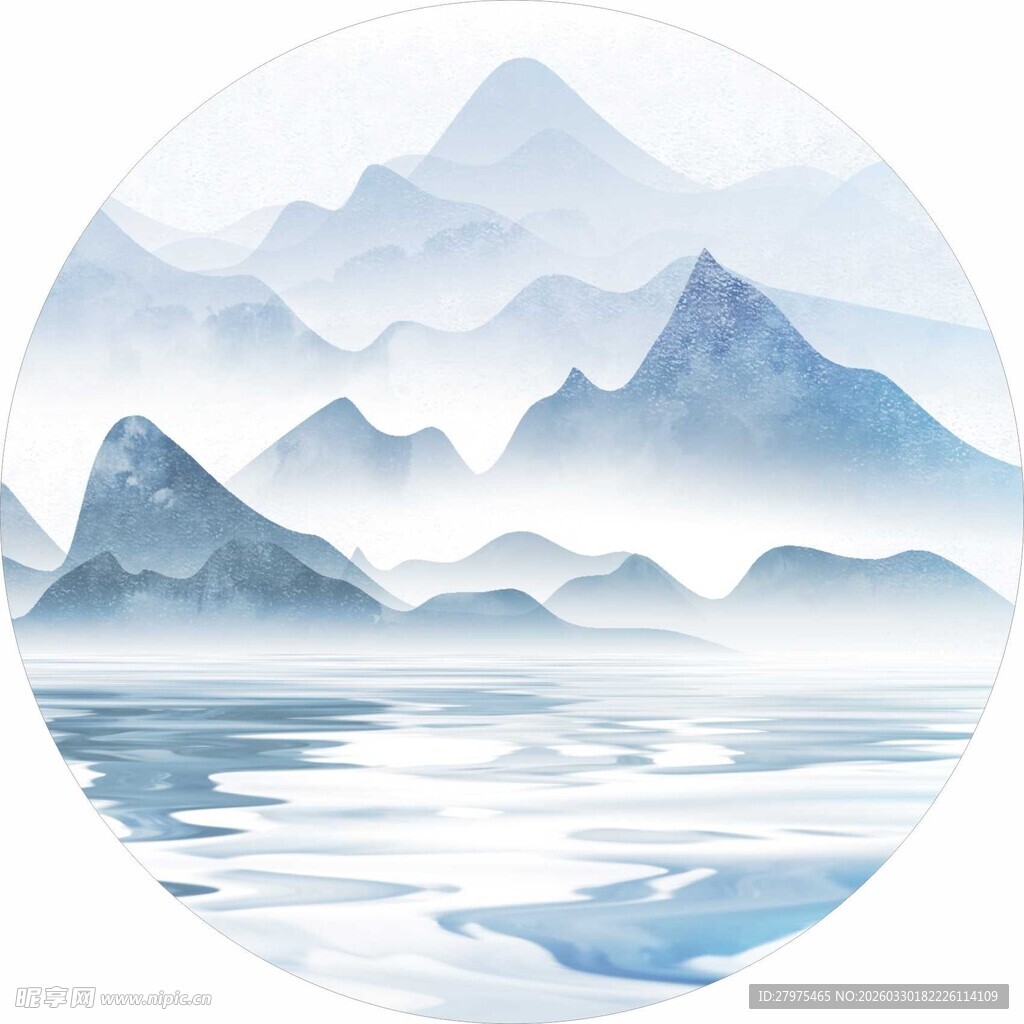 水墨山水圆形意境图