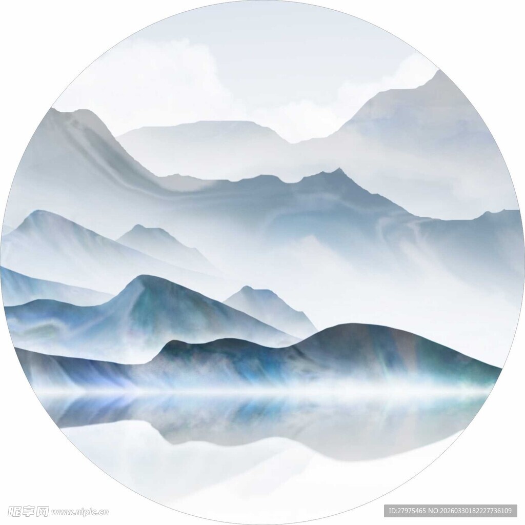 水墨圆形山水意境图