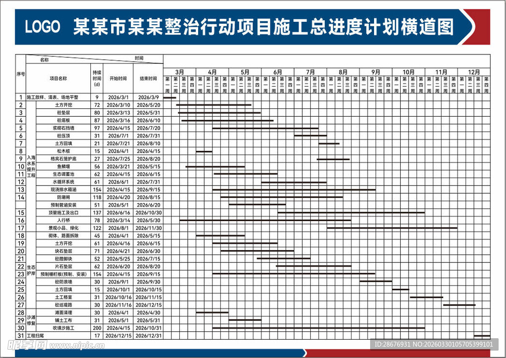 工地项目施工总进度计划横道图