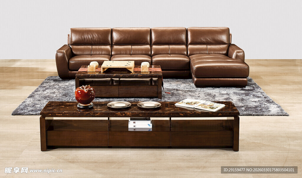 现代棕色真皮沙发组合家具
