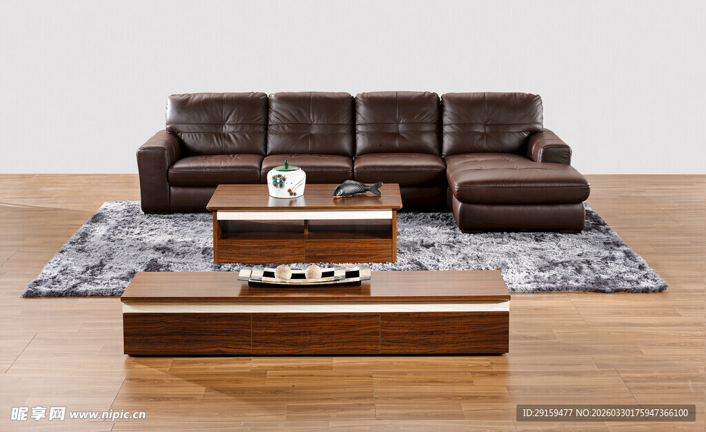 现代棕色真皮沙发客厅场景