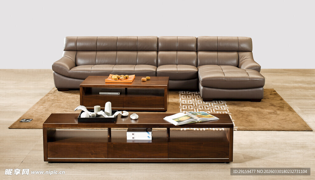 现代棕色真皮沙发组合