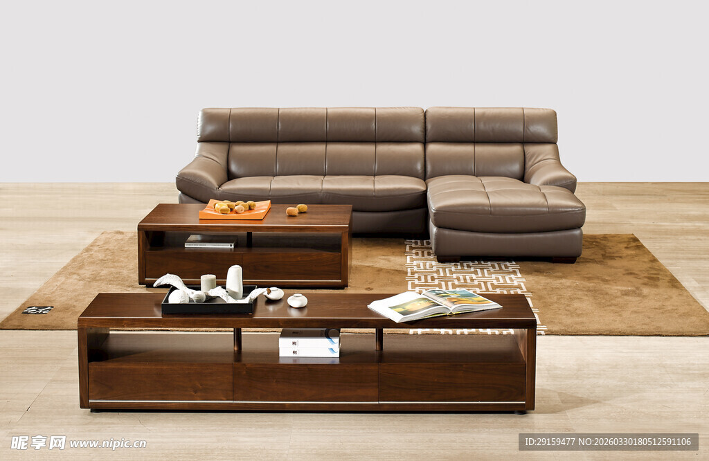 现代棕色皮质沙发茶几组合