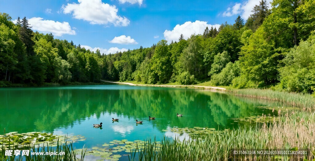 翠绿湖畔的自然美好风光