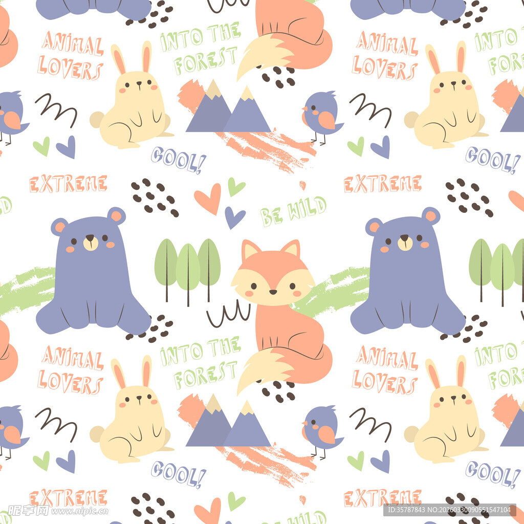 可爱动物卡通无缝图案背景