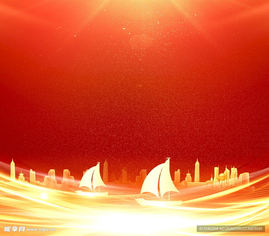 红色背景下的金色帆船景象
