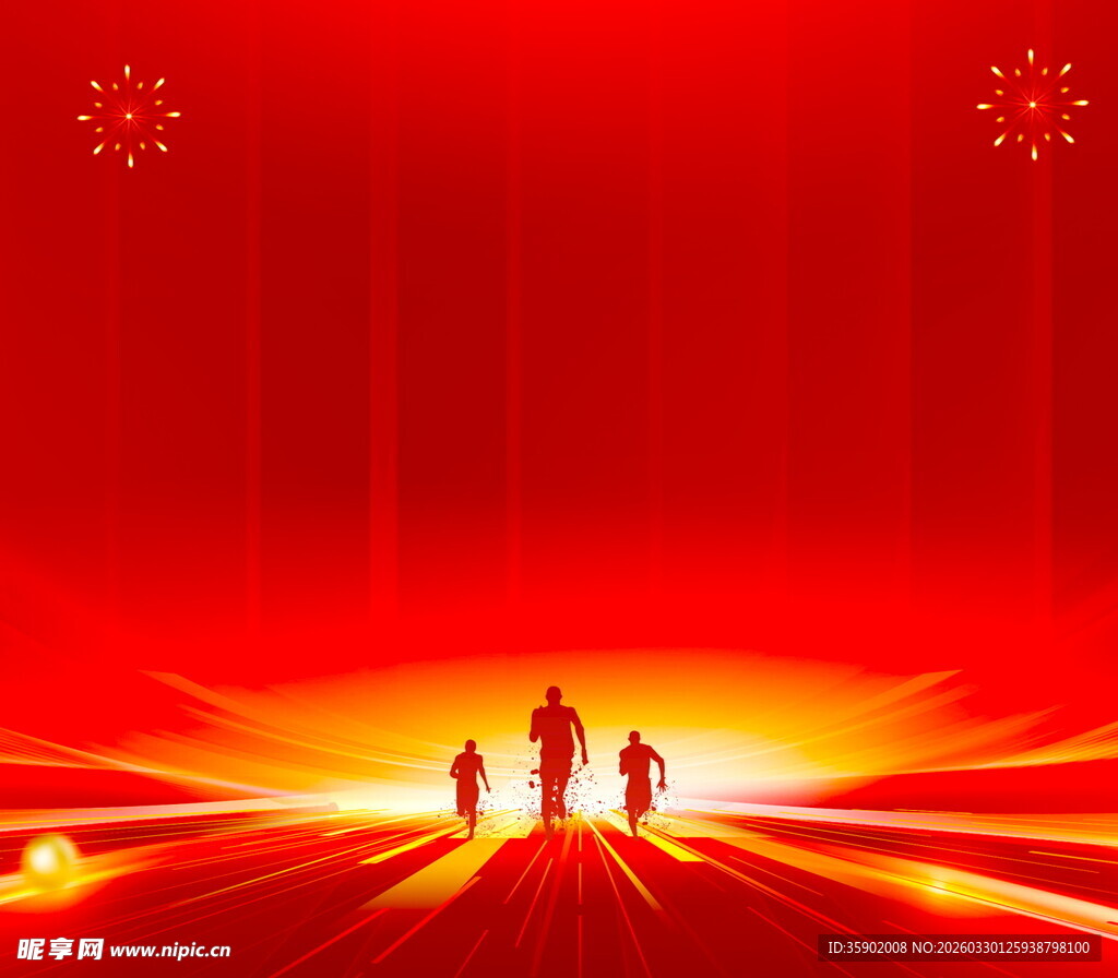 红色背景下的三人前行画面